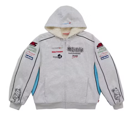 Supreme Racing Lined Zip Up Hooded Sweatshirt Heather Grey
